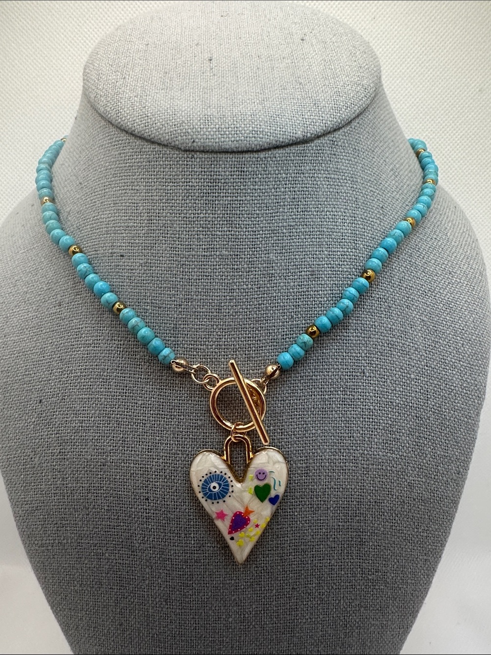 Turquoise Colored Beaded Heart Pendant Necklace